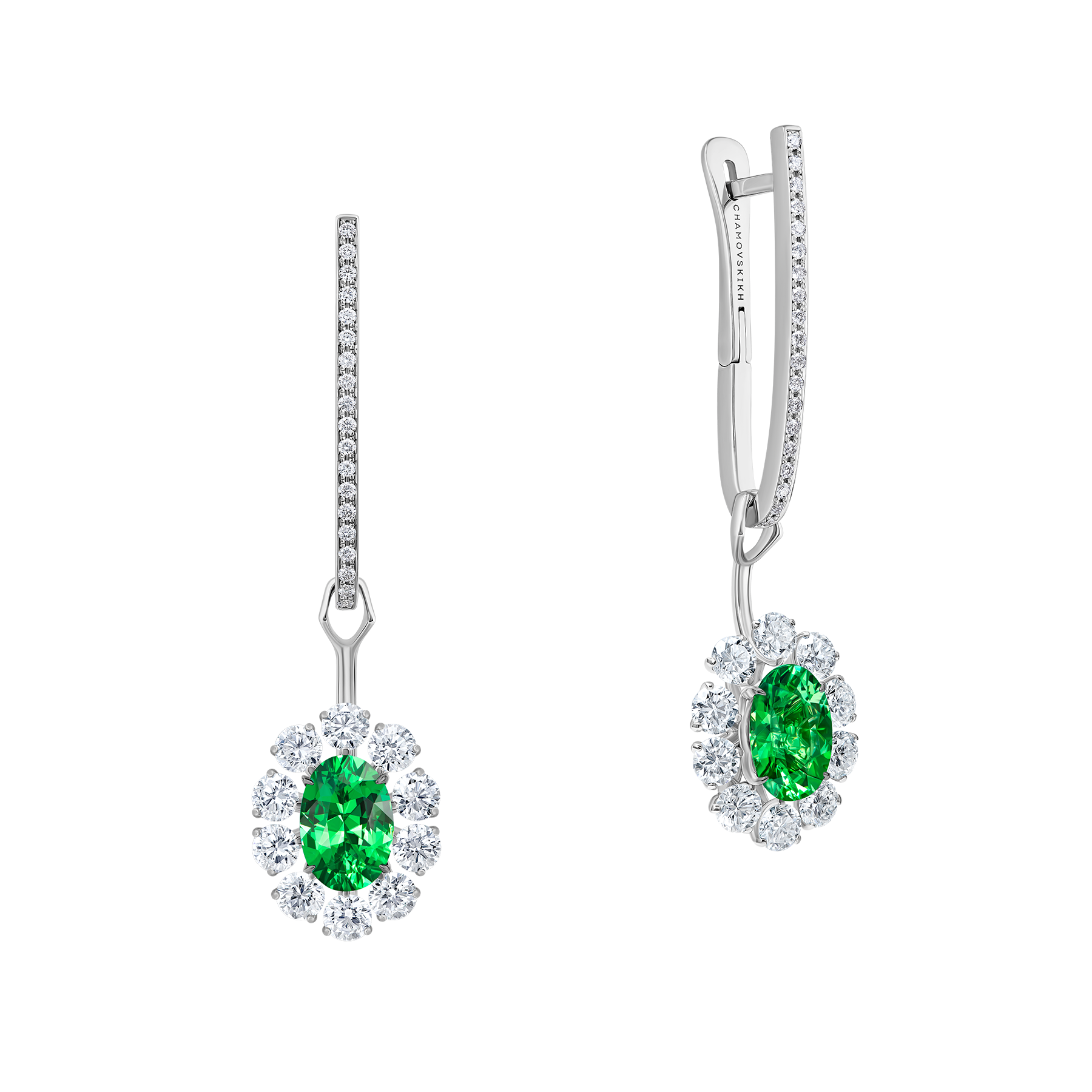 Серьги с тсаворитами и бриллиантами, белое золото