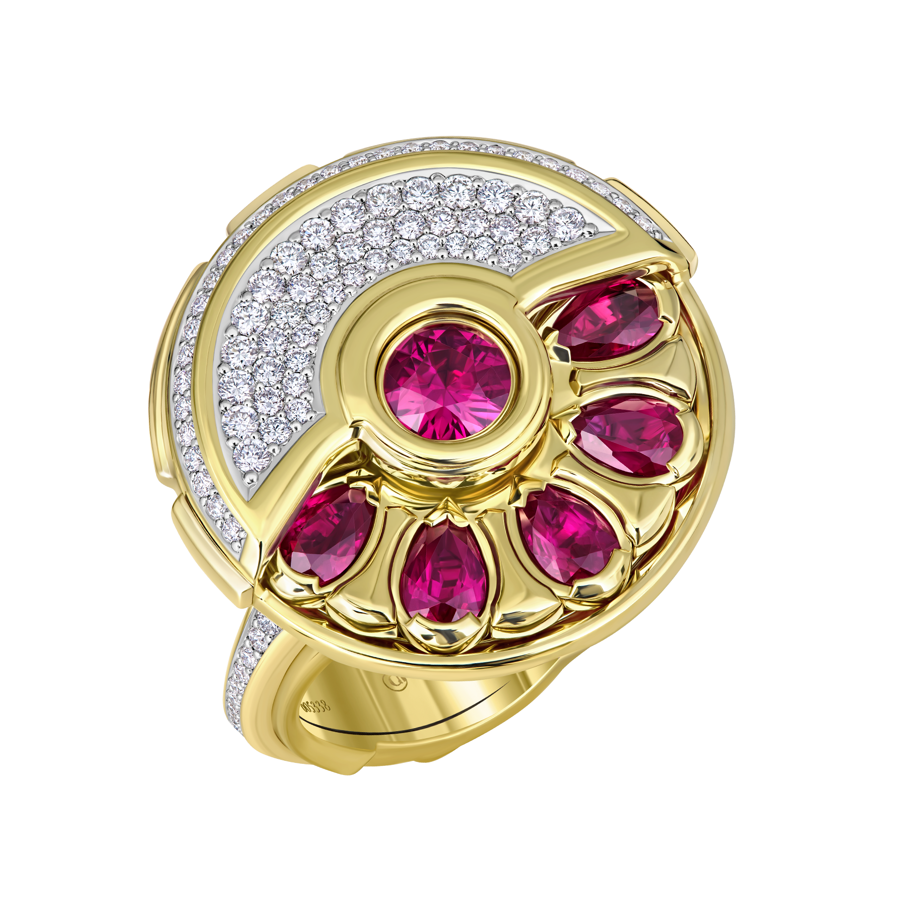 Кольцо с рубинами и бриллиантами, желтое золото