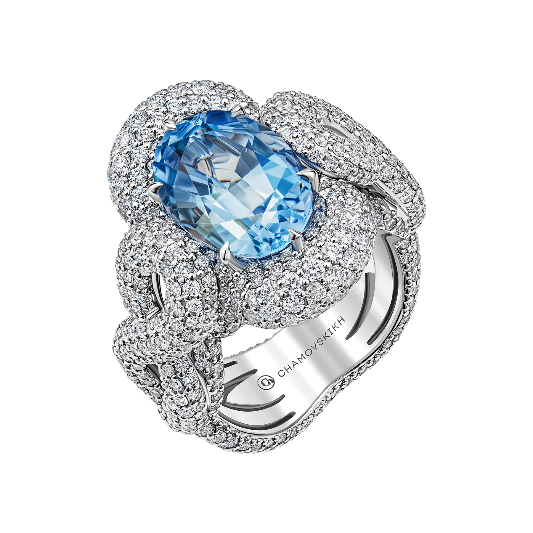 Кольцо с аквамарином и бриллиантами, белое золото