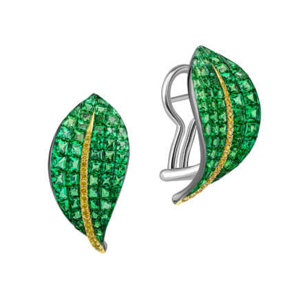 Серьги с тсаворитами и желтыми бриллиантами, белое золото 1