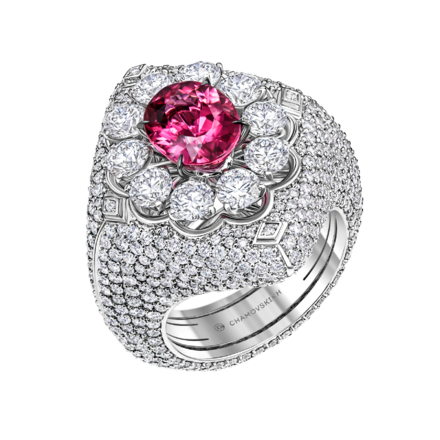 Кольцо с турмалином рубеллитом и бриллиантами, белое золото 1