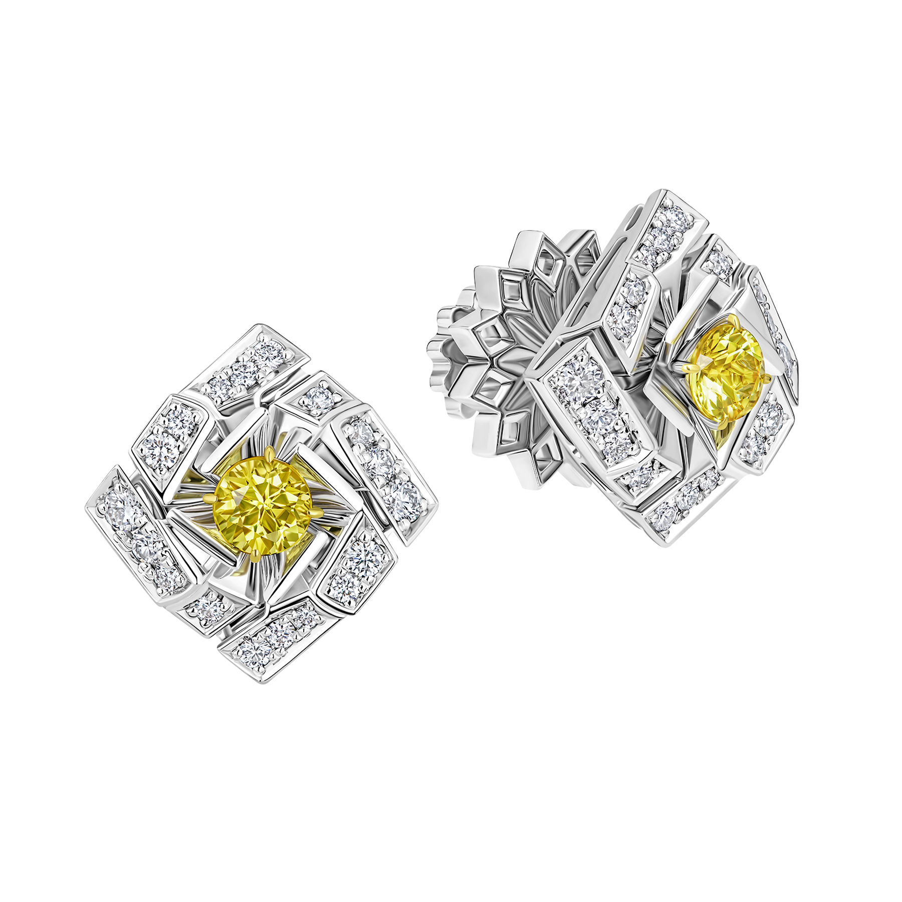 Пусеты с желтыми сапфирами и бриллиантами, белое золото