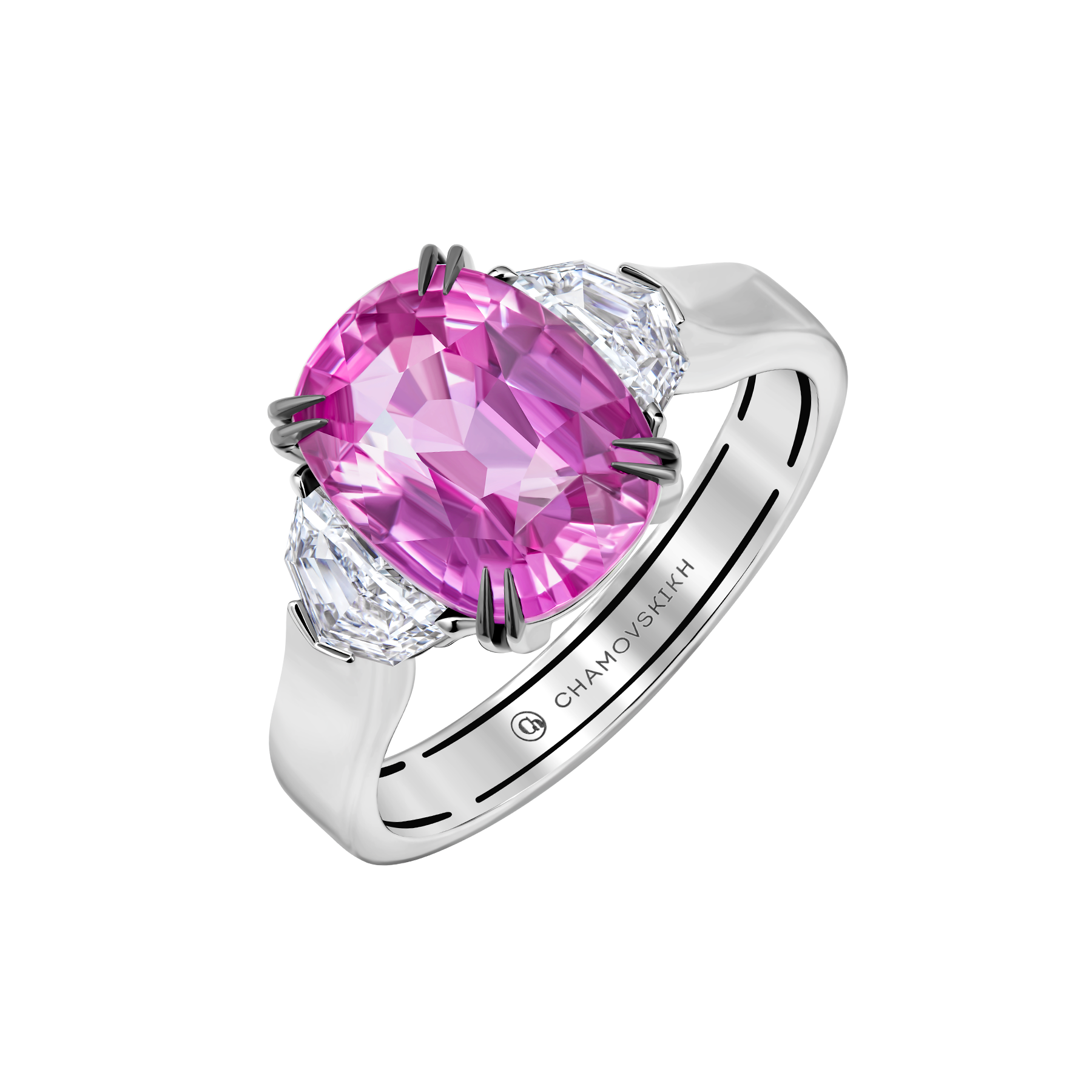 Кольцо с розовым сапфиром и бриллиантами, белое золото