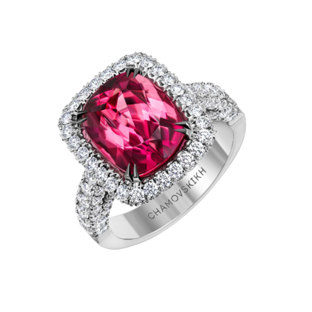 Кольцо с турмалином рубеллитом и бриллиантами, белое золото 1