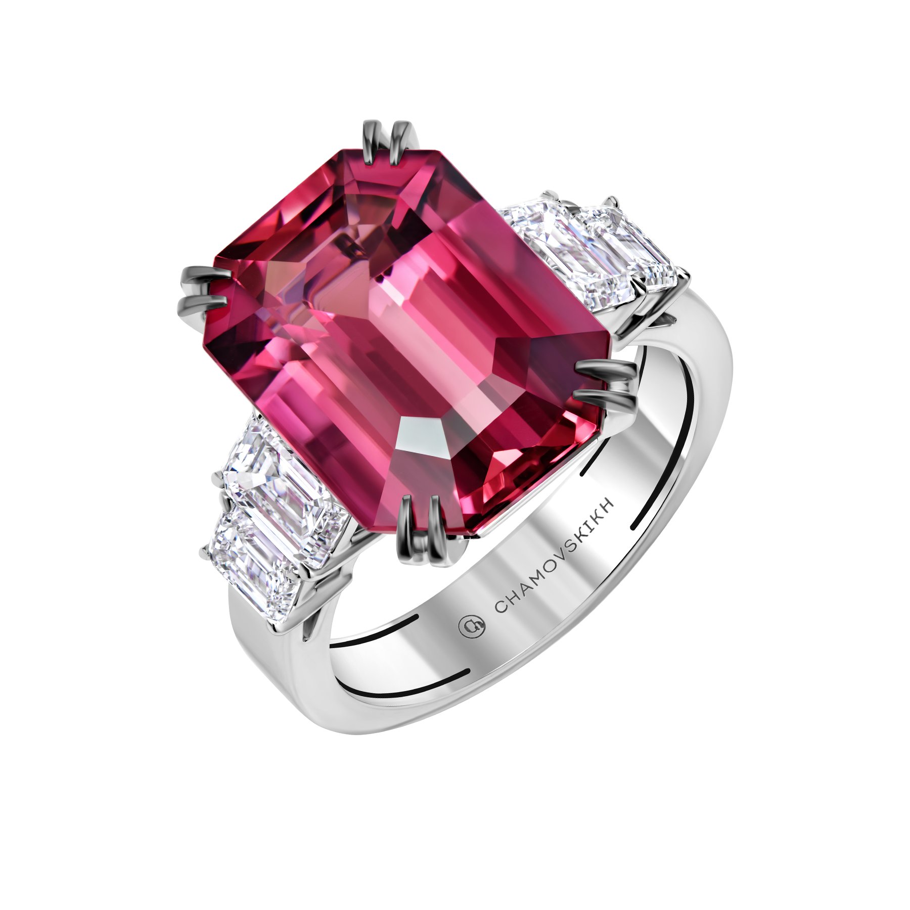 Кольцо с турмалином рубеллитом и бриллиантами, белое золото