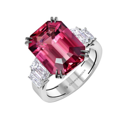 Кольцо с турмалином рубеллитом и бриллиантами, белое золото 1