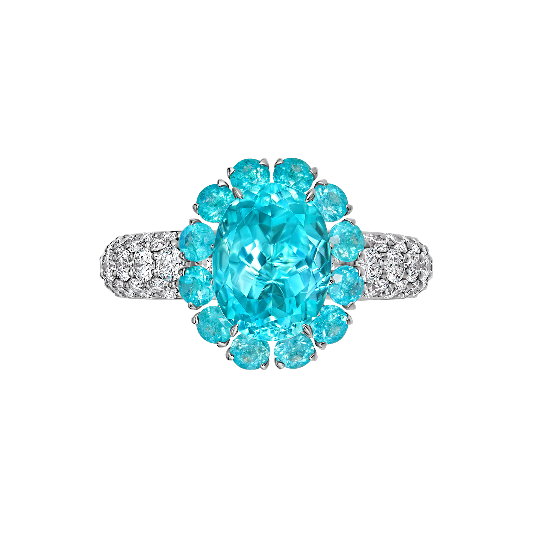 Кольцо с турмалином параибой и бриллиантами, белое золото