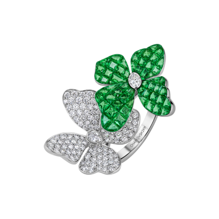 Кольцо с тсаворитами и бриллиантами, белое золото 1