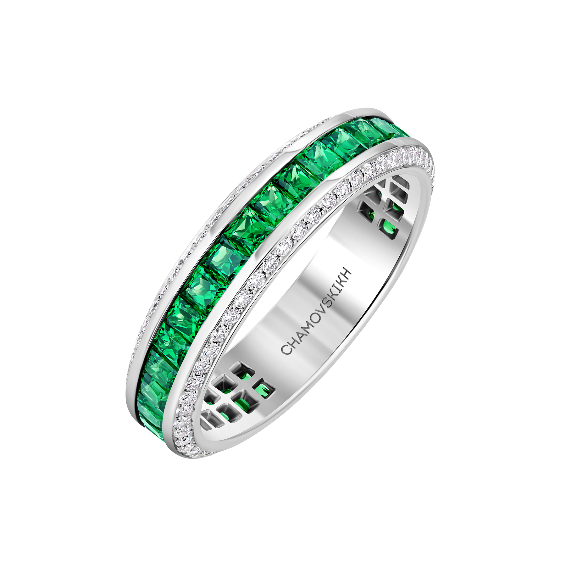 Кольцо с тсаворитами и бриллиантами, белое золото