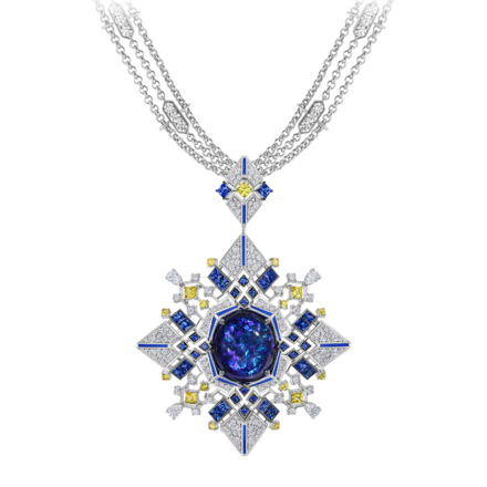 Подвес-брошь с опалом, сапфирами, бриллиантами и желтыми сапфирами, белое золото, нанокерамика 1