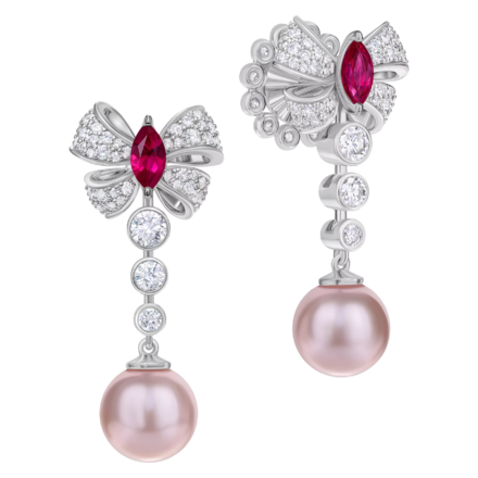 Пусеты с рубинами, жемчугом и бриллиантами, белое золото 1