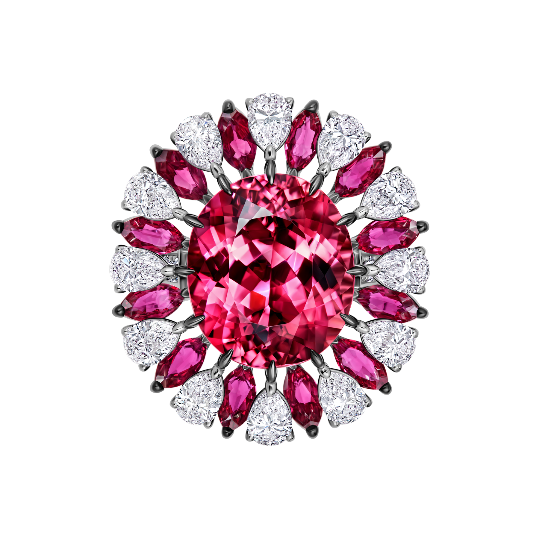 Кольцо с турмалином рубеллит, бриллиантами и рубинами, белое золото