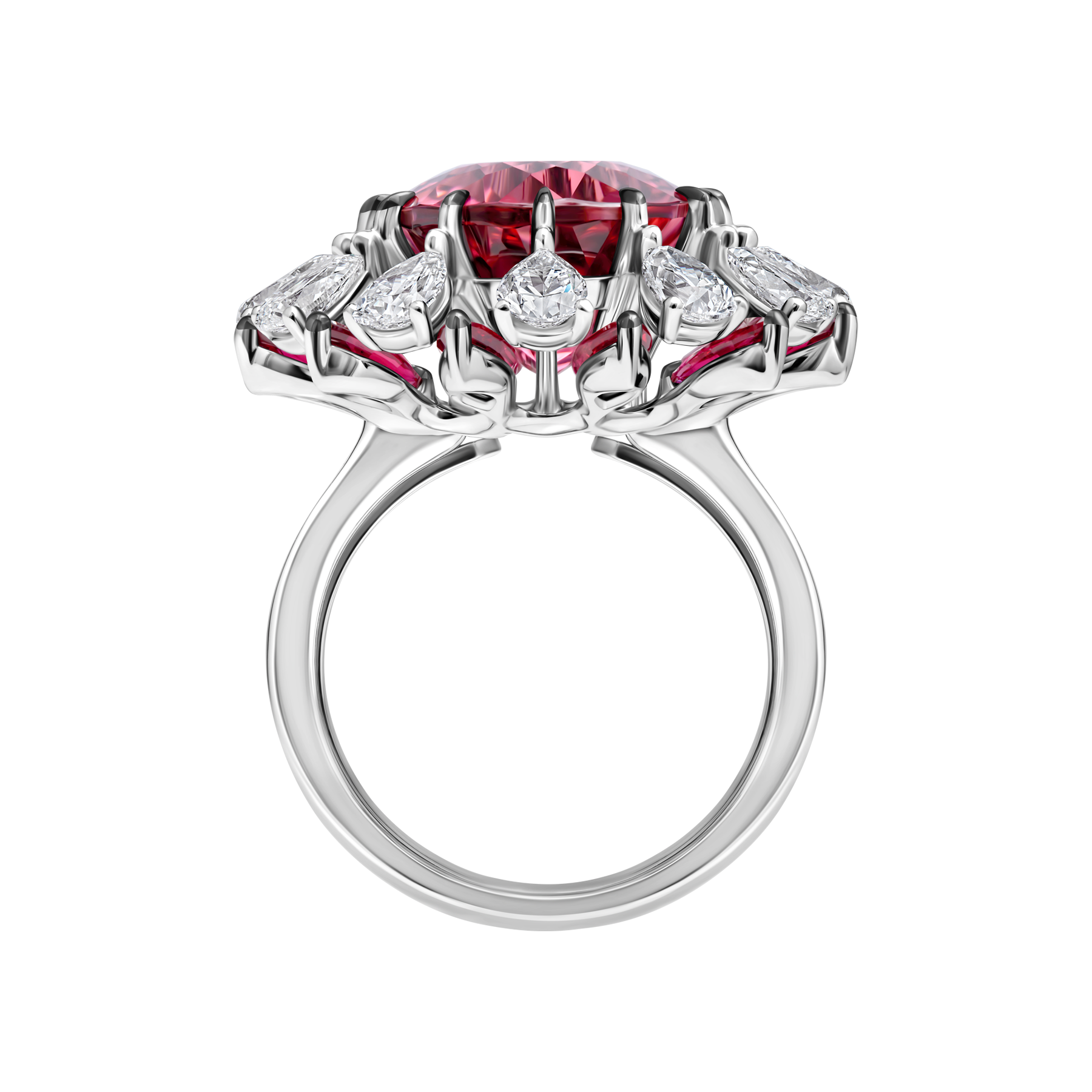 Кольцо с турмалином рубеллит, бриллиантами и рубинами, белое золото