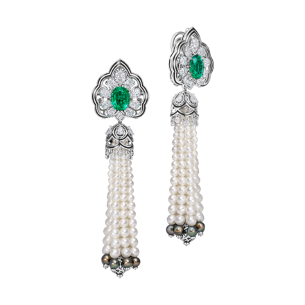 Серьги с изумрудами, бриллиантами и жемчугом, белое золото 1