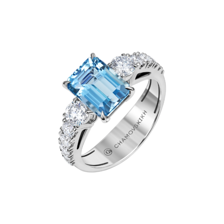Кольцо с аквамарином и бриллиантами, белое золото 1