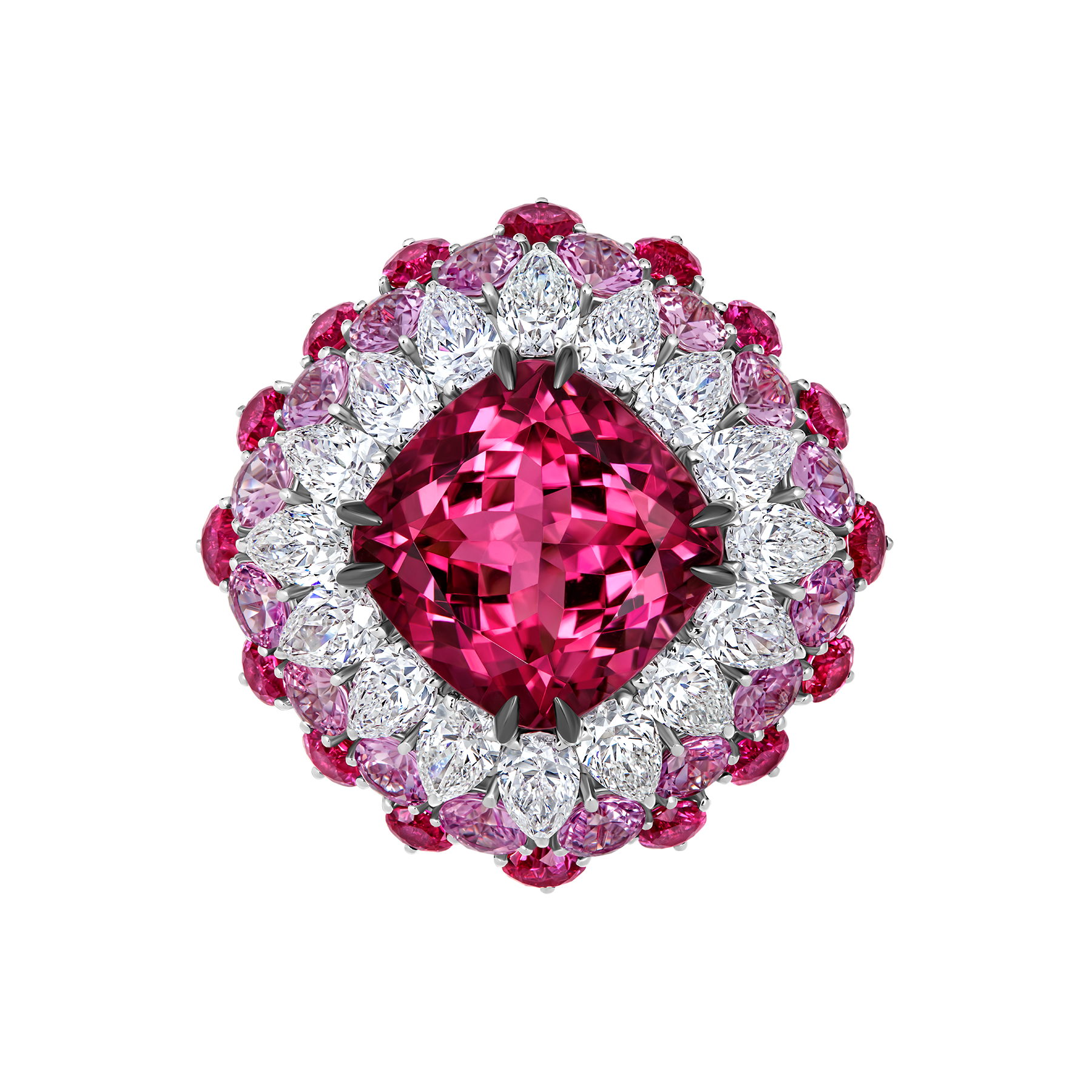 Кольцо с турмалином рубеллитом, рубинами, розовыми сапфирами и бриллиантами, белое золото