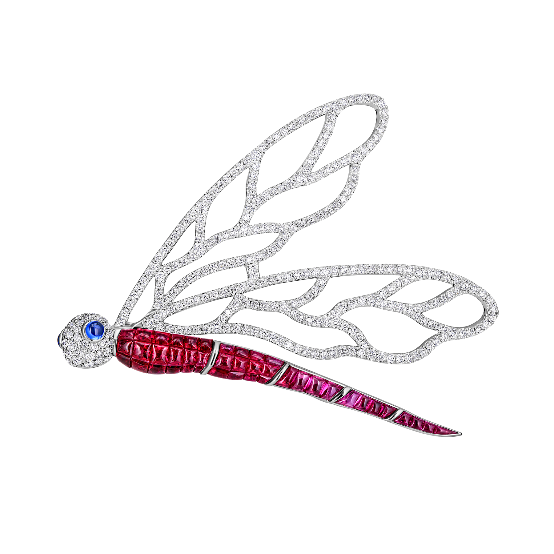 Брошь с рубинами, сапфирами и бриллиантами, белое золото