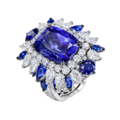 Кольцо с танзанитом, бриллиантами и сапфирами, белое золото