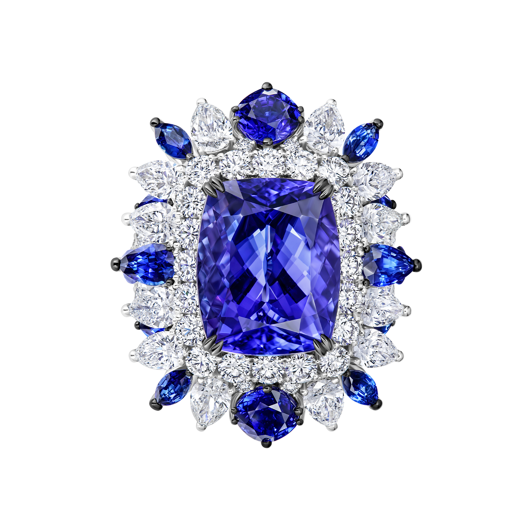 Кольцо с танзанитом, бриллиантами и сапфирами, белое золото