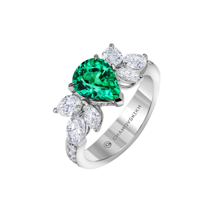 Кольцо с изумрудом и бриллиантами, белое золото 1