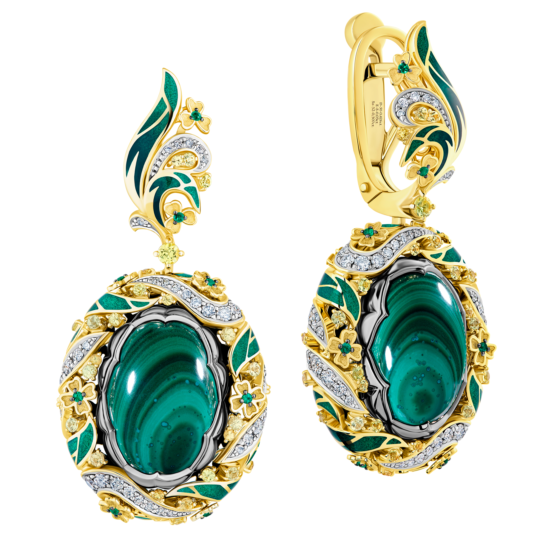 Серьги с малахитами, бриллиантами, сапфирами и изумрудами, н.керамика