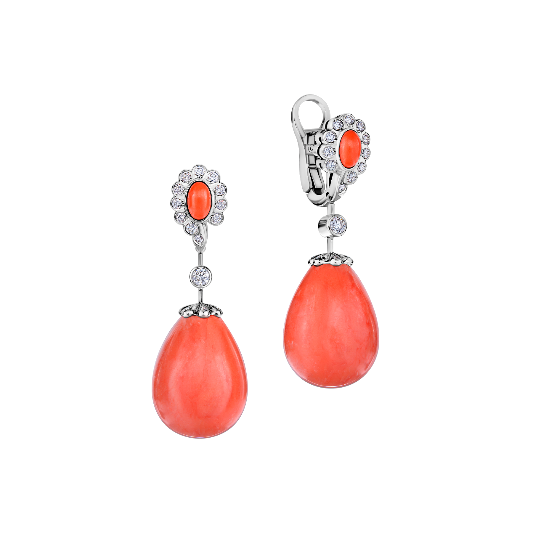 Серьги с бриллиантами и кораллами, белое золото